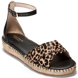 COLE HAAN CLOUDFEEL LEOPARD PRINT BLACK LEATHER Ankle Strap ESPADRILLE SANDALS